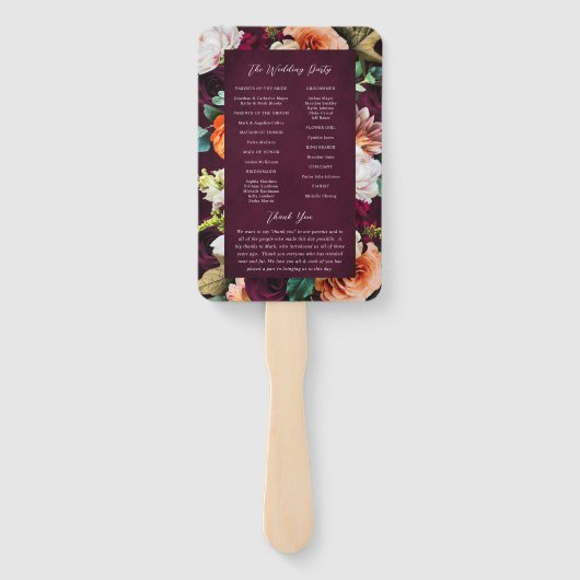 Burgundy Roos Ranunculus Wedding Programme Handwaaier (Achterkant)