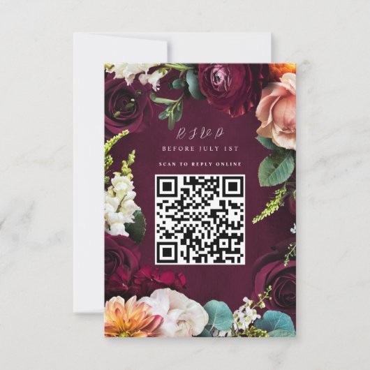 Burgundy Roos Ranunculus Wedding QR Code RSVP Kaart (Voorkant)