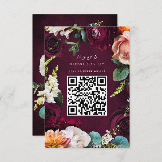 Burgundy Roos Ranunculus Wedding QR Code RSVP Kaart (Voorkant / Achterkant)