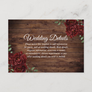 Burgundy Roos Romantic Rustic Wedding Reception Informatiekaartje
