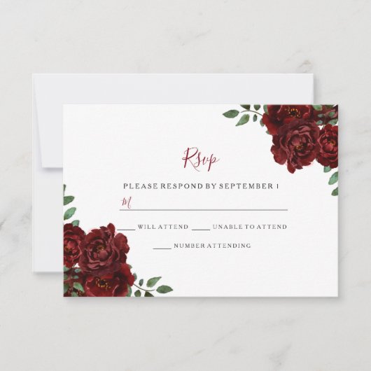 Burgundy Roos Romantic Wedding RSVP (Voorkant)