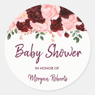 Burgundy Roos & Roze Blush Baby shower Ronde Sticker