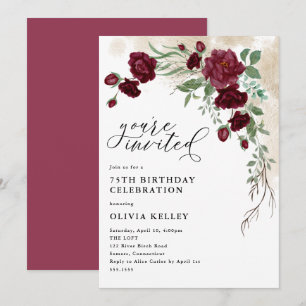 Burgundy Roos Vine, Floral Birthday Party Kaart