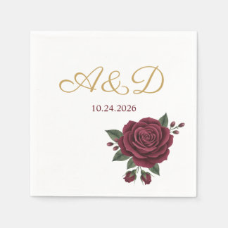 Burgundy Rose and Gold Foil Wedding Monogram Napki Servet