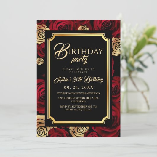  Burgundy Roses Birthday Party Invitation (Debout devant)