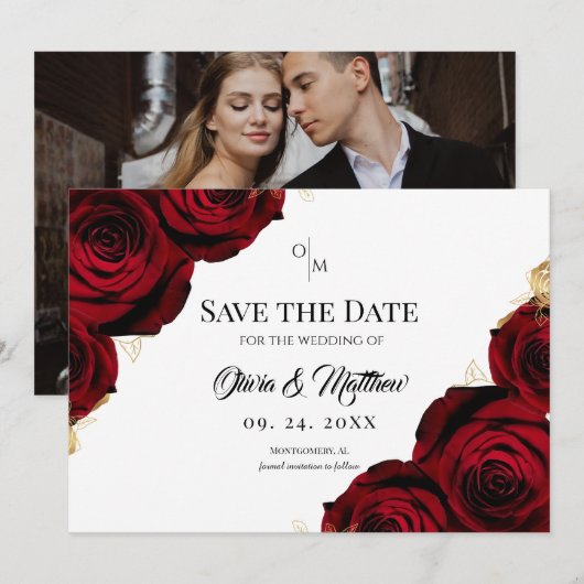  Burgundy Roses Floral Rustic Wedding Save The Date (Voorkant / Achterkant)