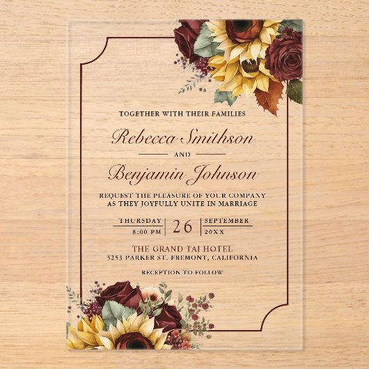 Burgundy Roses Sunflowers Wedding Acryl Uitnodigingen (Voorkant)