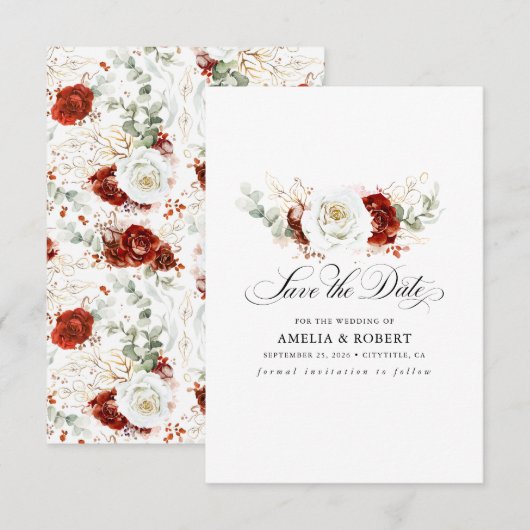 Burgundy Rouge et Blanc Chic Fleurs Save the Date (Devant / Derrière)