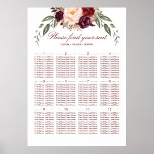 Burgundy Rouge Floral Élégant tableau de mariage