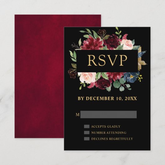 Burgundy Rouge Navy Floral Boho Mariage RSVP (Devant / Derrière)