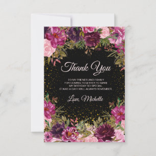 Burgundy Roze Bloem Glitter Zwart Verjaardag  Bedankkaart
