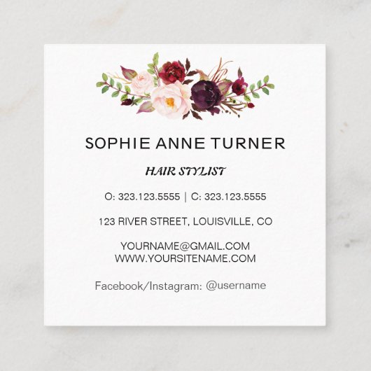 Burgundy Roze Bloemen Professionele Schoonheidssal Vierkante Visitekaartje (Achterkant)