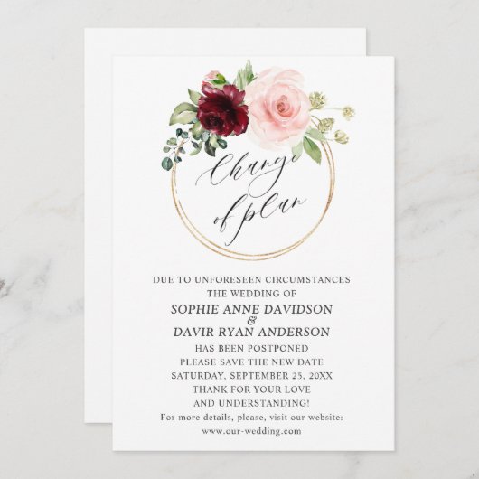 Burgundy Roze Bloemen Trouwplannen Gewijzigd Kaart (Voorkant / Achterkant)