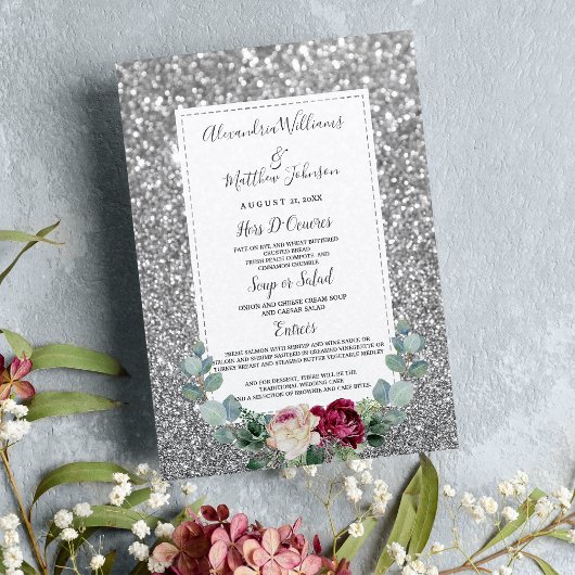 Burgundy roze floral Silver Wuwelijks WeddenMenu Menu