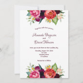 Burgundy roze florals herfst witte bruiloft kaart (Voorkant)