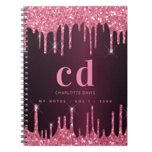 Burgundy roze glitter druipt monogram notitieboek