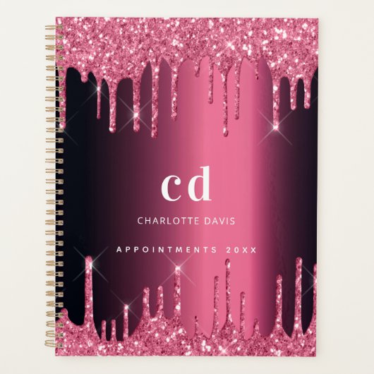 Burgundy roze glitter druipt monogram planner (Voorkant)