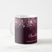 Burgundy roze glitter name script koffiemok (Voorkant links)