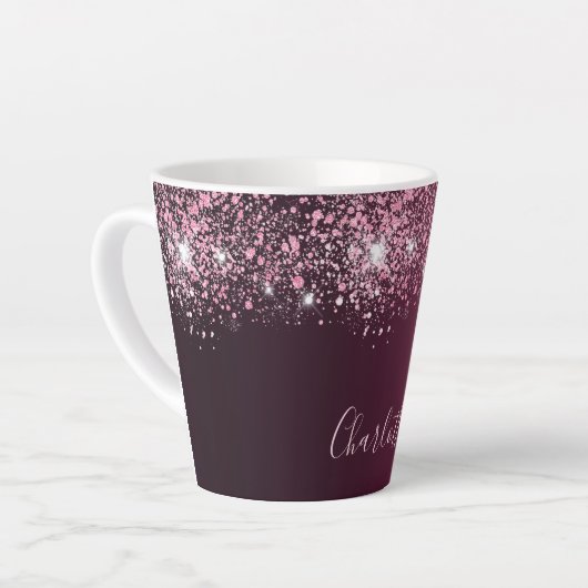 Burgundy roze glitter name script latte mok (Linkerhoek)