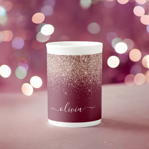 Burgundy Roze Goud Blush Roze Glitter Monogram Porselein Kop