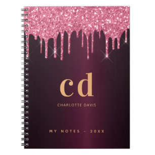 Burgundy roze goudglitter druppelt monogram naam notitieboek