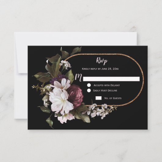 Burgundy Roze Witte Bloem Gouden Lijst RSVP | (Voorkant)