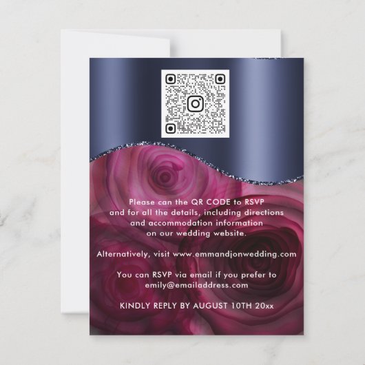 Burgundy Rozen Border QR Code Marsala Blue Navy (Achterkant)