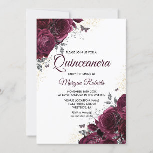 Burgundy Rozen Butterflies Quinceanera Kaart