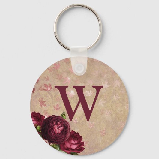Burgundy Rozen Initiaal Monogram Sleutelhanger (Voorkant)