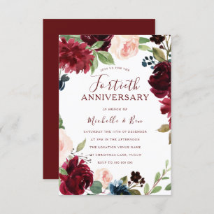 Burgundy Ruby Red Floral 40th Wedding Jubileum Kaart