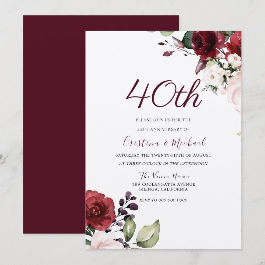 Burgundy Ruby Red Floral 40th Wedding Jubileum Kaart (Voorkant / Achterkant)