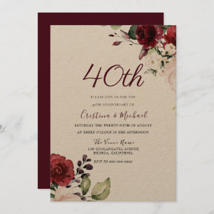 Burgundy Ruby Red Floral 40th Wedding Jubileum Kaart