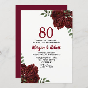 Burgundy Ruby Red Rose 80th Wedding Jubileum Kaart