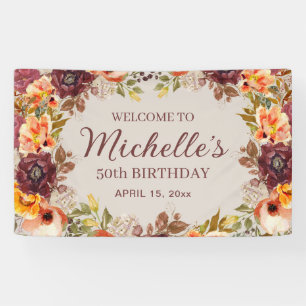 Burgundy Rust Oranje Floral 50th Birthday Welcome Spandoek