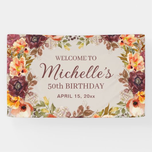 Burgundy Rust Oranje Floral 50th Birthday Welcome Spandoek (Horizontaal)