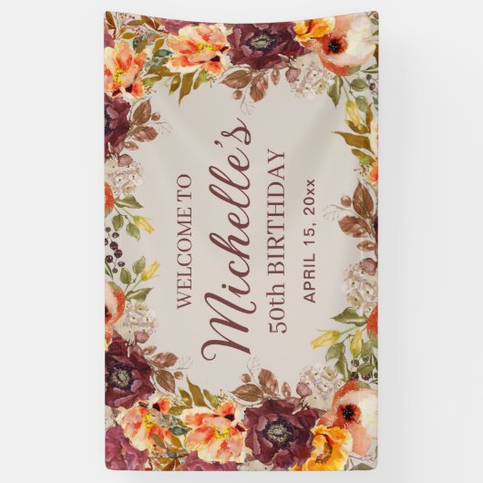 Burgundy Rust Oranje Floral 50th Birthday Welcome Spandoek (Verticaal)