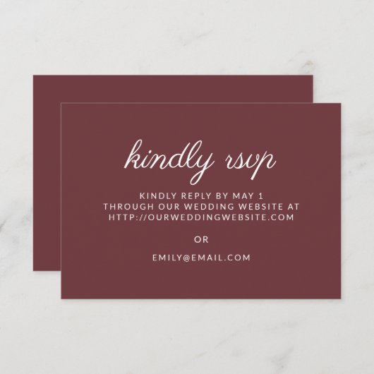 Burgundy Rust Script Wedding Kindly Reply Website RSVP Kaartje (Voorkant / Achterkant)