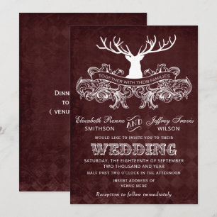 Burgundy Rustic Antler Deer Woodland Wedding Kaart