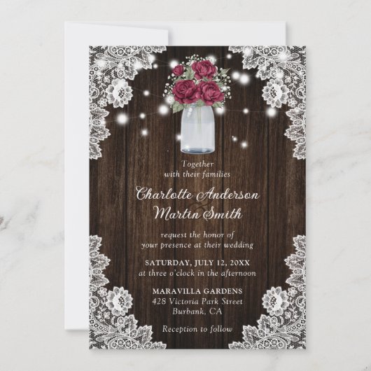 Burgundy Rustic Barn Wood Licht Floral Wedding Kaart (Voorkant)