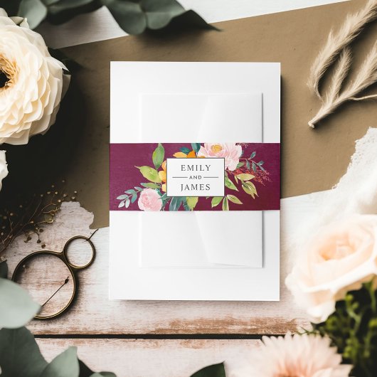 Burgundy Rustic Blush Floral Wedding Monogram Uitnodigingen Wikkel