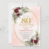 Burgundy Rustic Boho Floral 80th Birthday Invite Kaart (Voorkant)