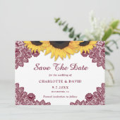 Burgundy Rustic Chic Sunflower Lace Wedding Save The Date (Staand voorkant)