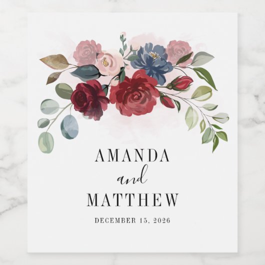 Burgundy Rustic Floral Custom Wedding Wijn Etiket (Enkel label)