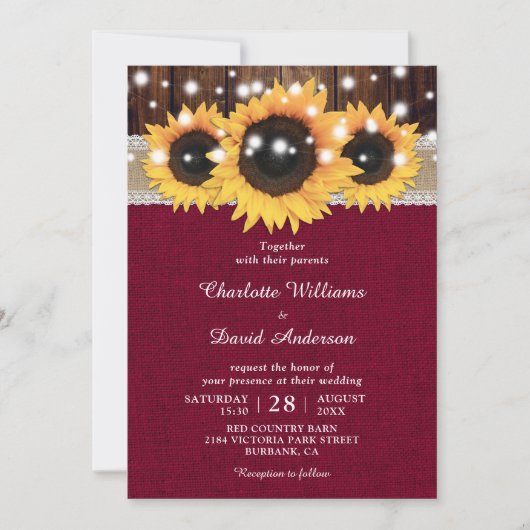 Burgundy Rustic Sunflower Wedding Kaart (Voorkant)