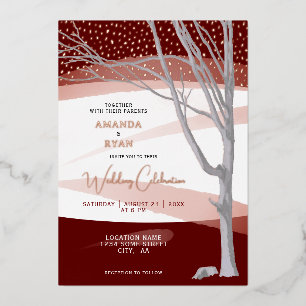 Burgundy Rustic Winter Tree Waterverf Wedding Folie Uitnodiging