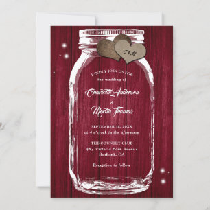 Burgundy Rustic Wood Hearts Mason Jar Wedding Kaart
