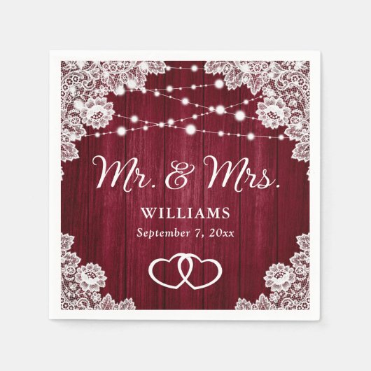 Burgundy Rustic Wood Lace String Lights Wedding Servet (Voorkant)
