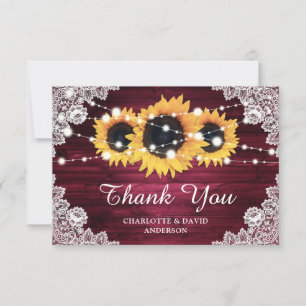 Burgundy Rustic Wood Sunflower Wedding Bedankkaart