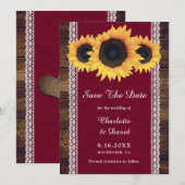 Burgundy Rustic Wood Sunflower Wedding Save The Date (Voorkant / Achterkant)