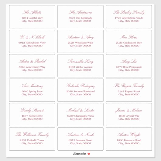 Burgundy Script 18 Étiquettes de adresse invités (Feuille)